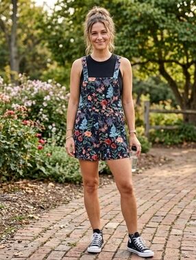 Cider Black Floral Lightweight Corduroy Overall Shorts Size Large